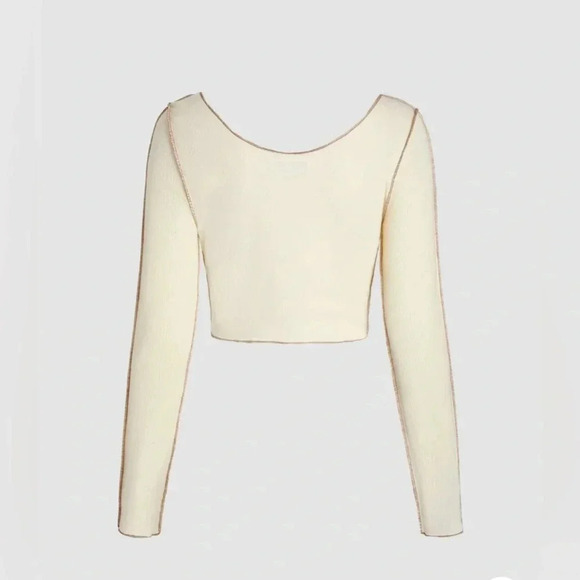 Cider cotton ribbed beige stiching long sleeve cropped top sz S nwot 006 - Picture 2 of 7